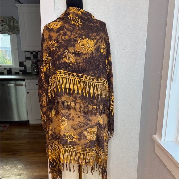 Brown Sea Turtle Batik Sarong Beach Cover Up Wrap fringe Coastal Boho versatile - Picture 2 of 4